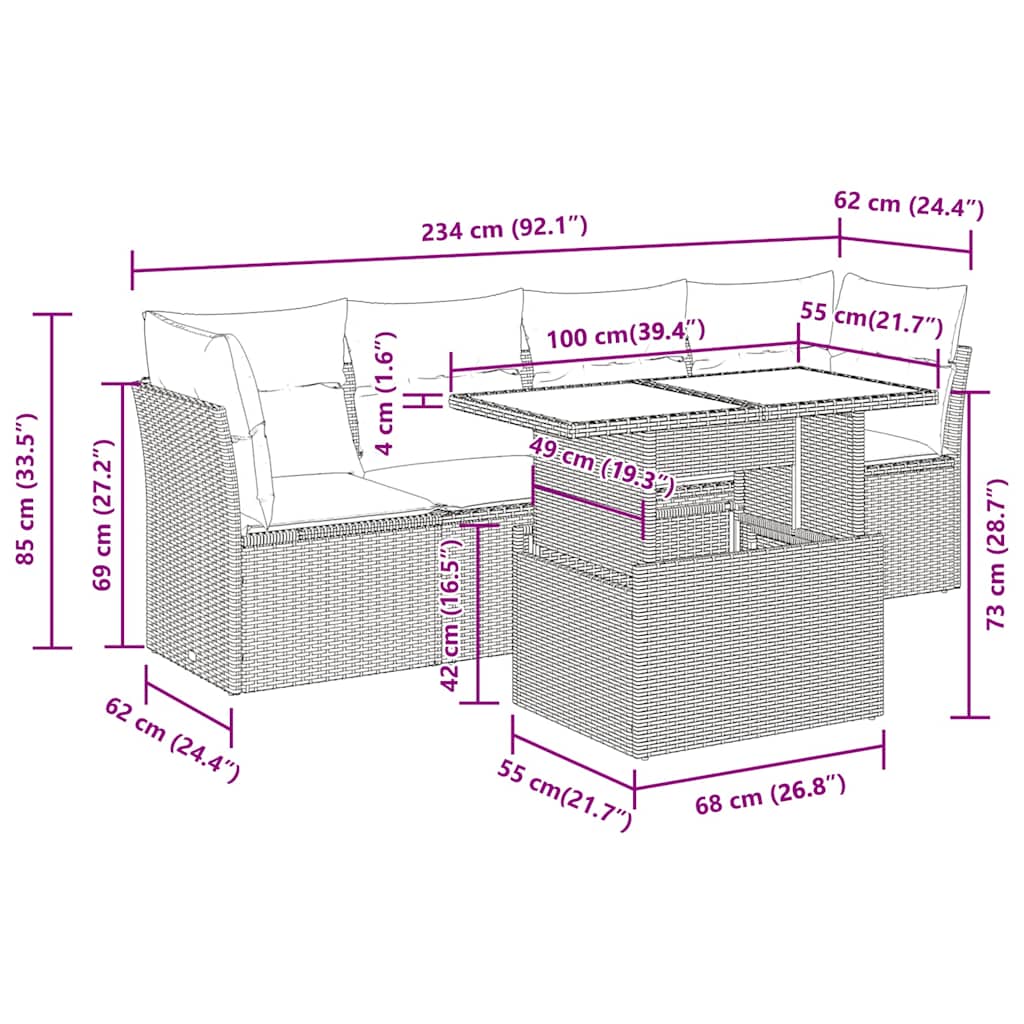 Set Divano da Giardino 5 pz con Cuscini Grigio in Polyrattan - homemem39