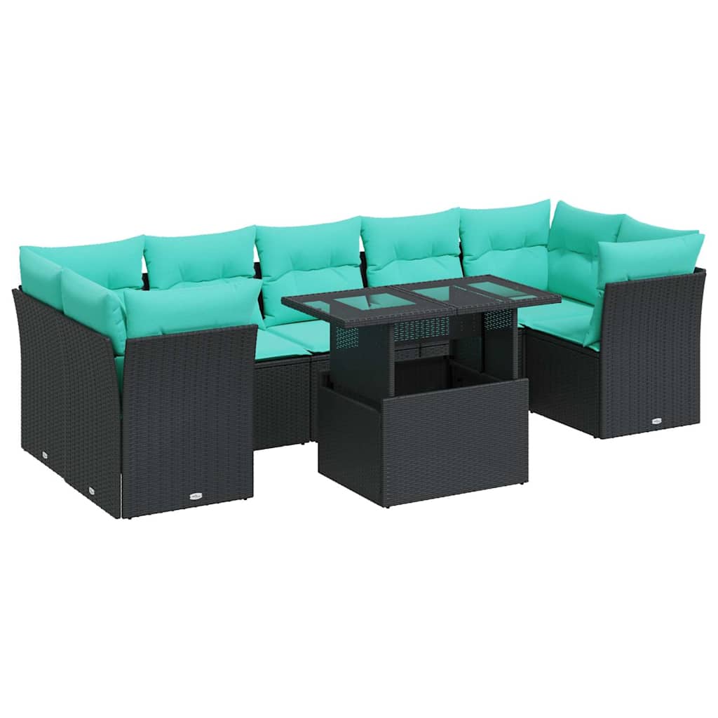 Set Divani da Giardino con Cuscini 8 pz Nero Polyrattan Acacia