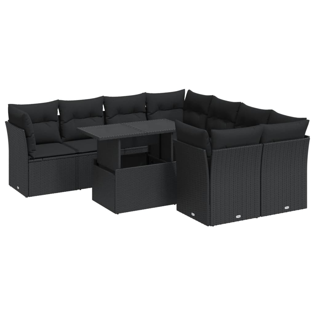 Set Divani da Giardino 9 pz con Cuscini Nero in Polyrattan | homemem39