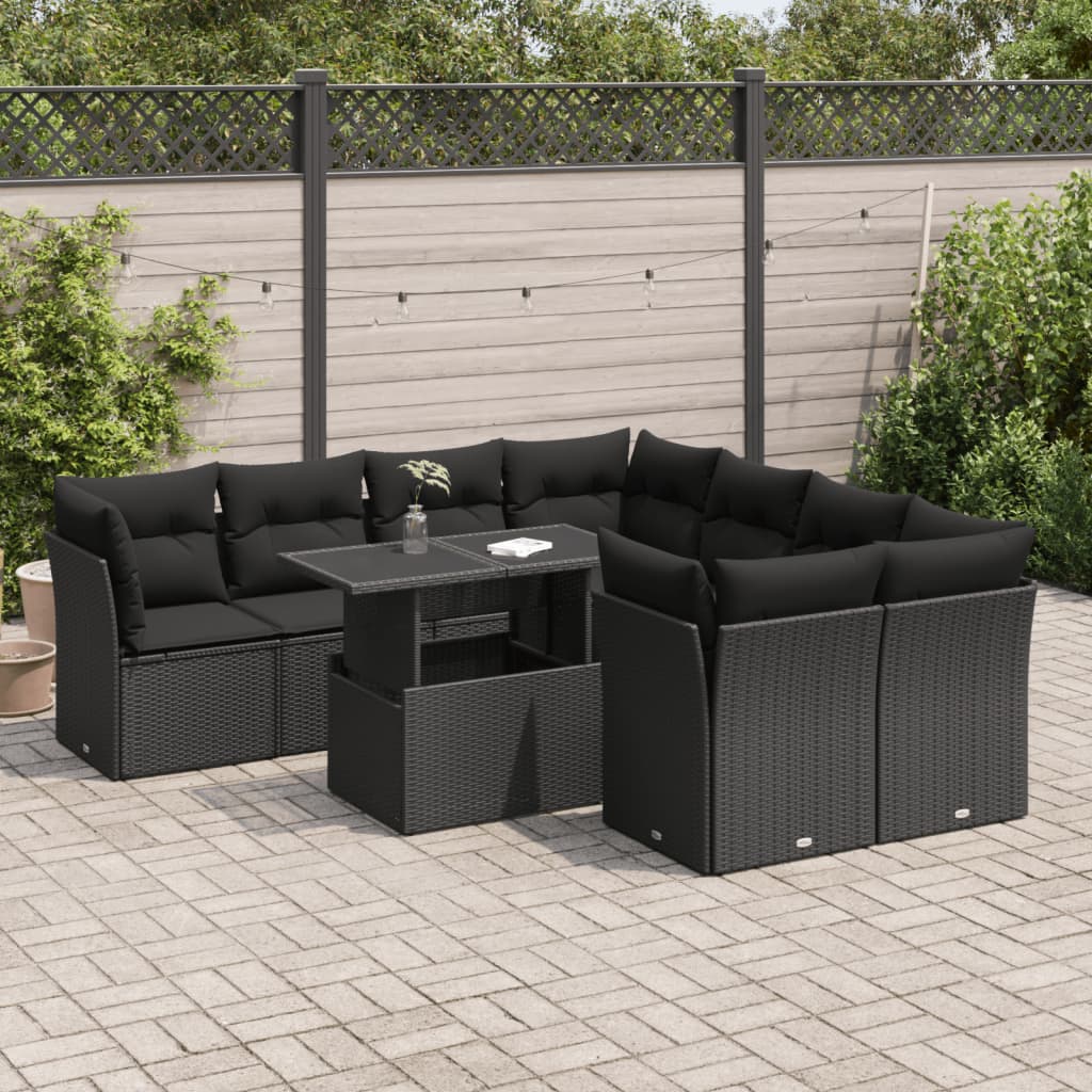 Set Divani da Giardino 9 pz con Cuscini Nero in Polyrattan | homemem39