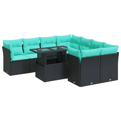 Set Divani da Giardino 9 pz con Cuscini Nero Polyrattan Acacia | homemem39