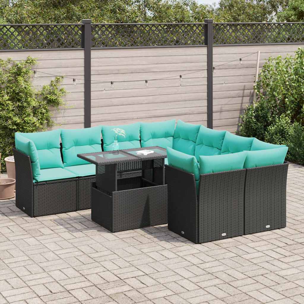 Set Divani da Giardino 9 pz con Cuscini Nero Polyrattan Acacia | homemem39