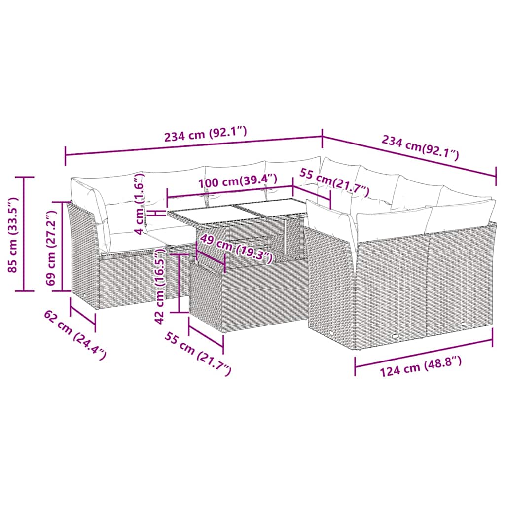 Set Divano da Giardino 9 pz con Cuscini Beige in Polyrattan | homemem39