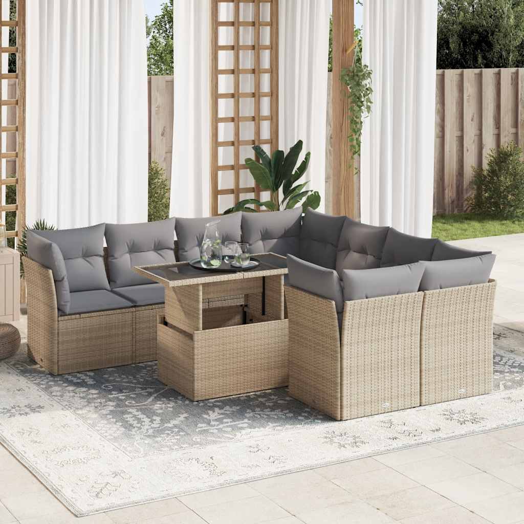 Set Divano da Giardino 9 pz con Cuscini Beige in Polyrattan | homemem39