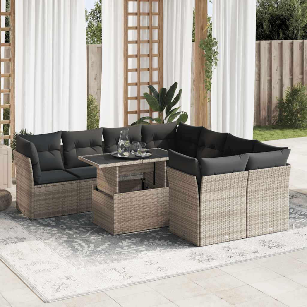 Set Divano da Giardino 9 pz con Cuscini Grigio in Polyrattan - homemem39