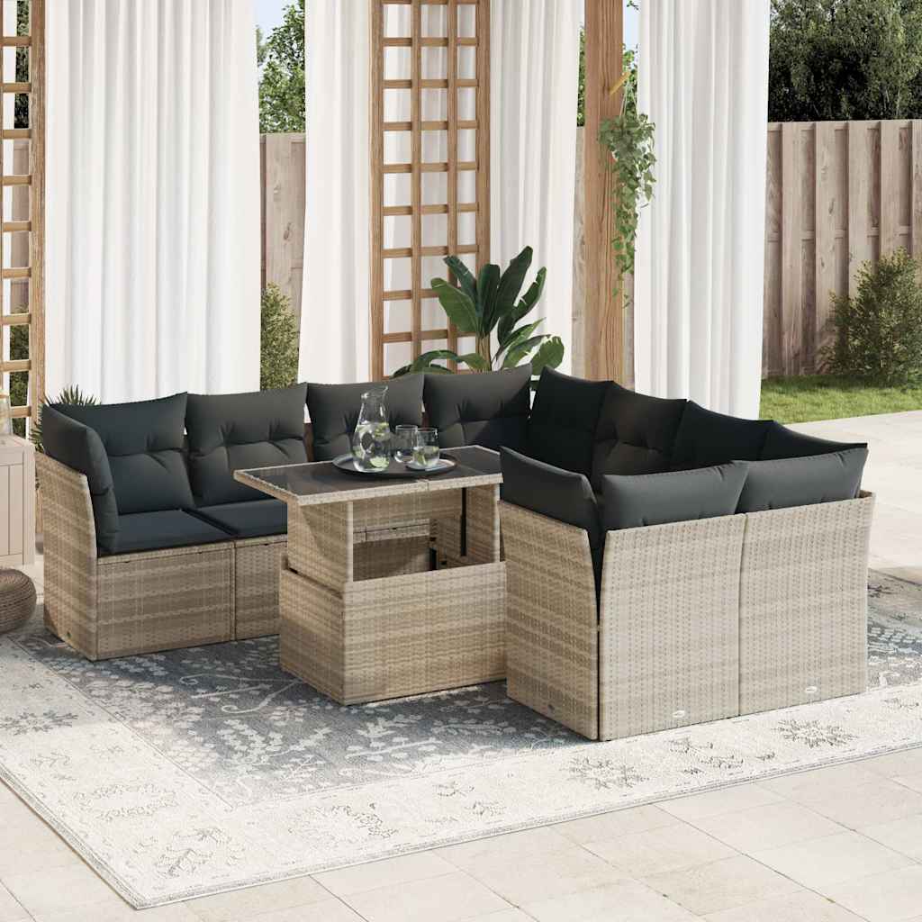 Set Divano da Giardino 9pz con Cuscini Grigio Chiaro Polyrattan | homemem39