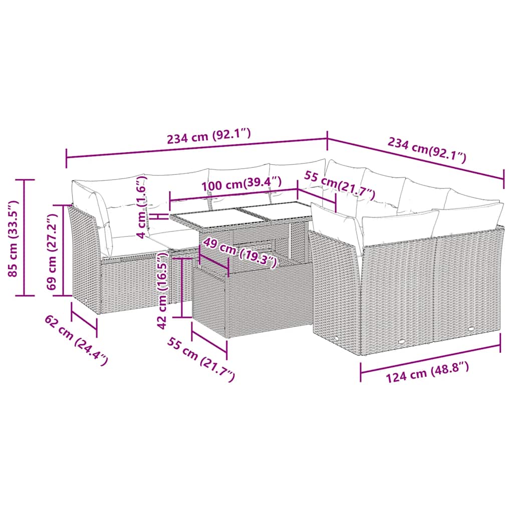 Set Divani da Giardino 9pz con Cuscini Marrone in Polyrattan | homemem39
