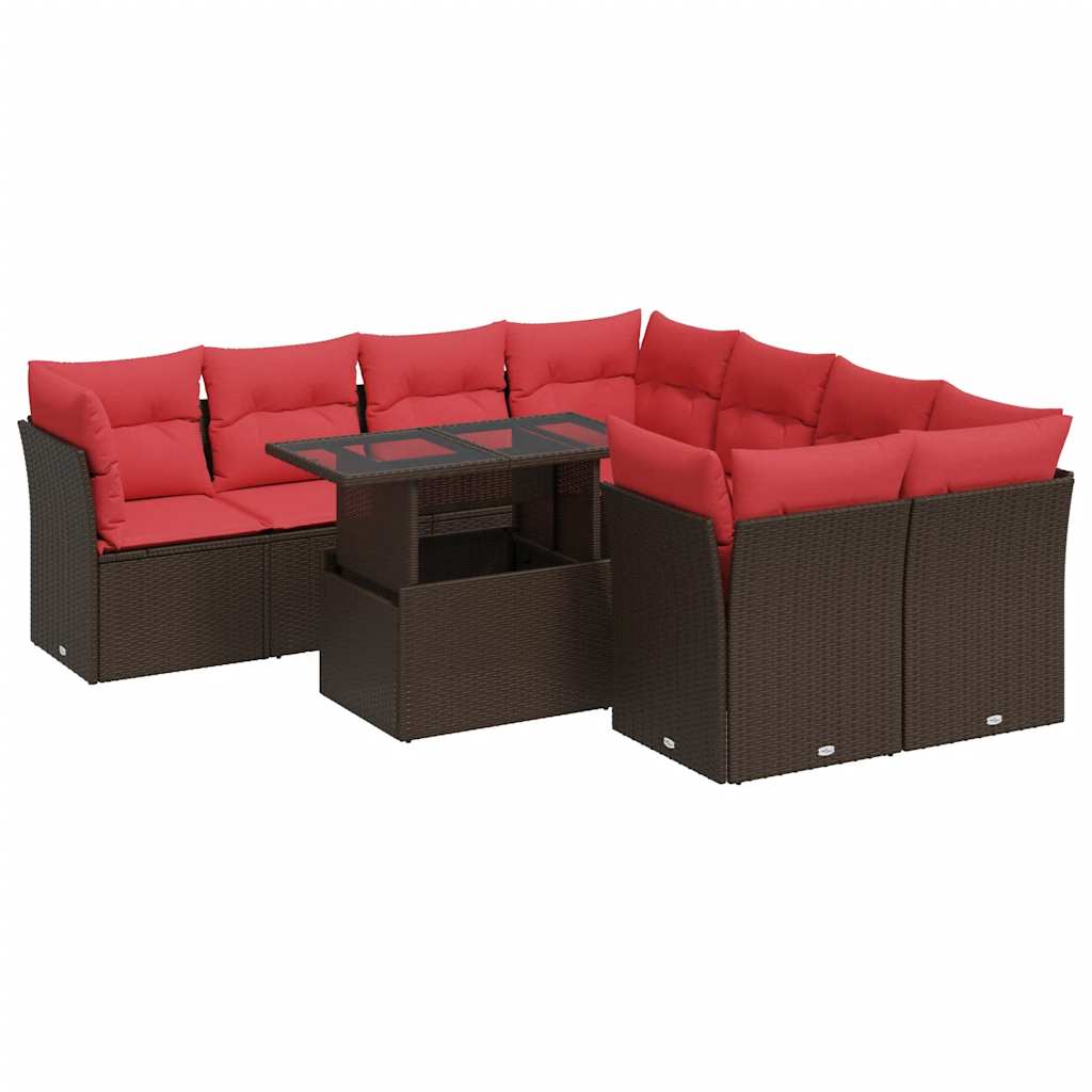 Set Divani Giardino 9 pz con Cuscini Marrone Polyrattan Acacia - homemem39