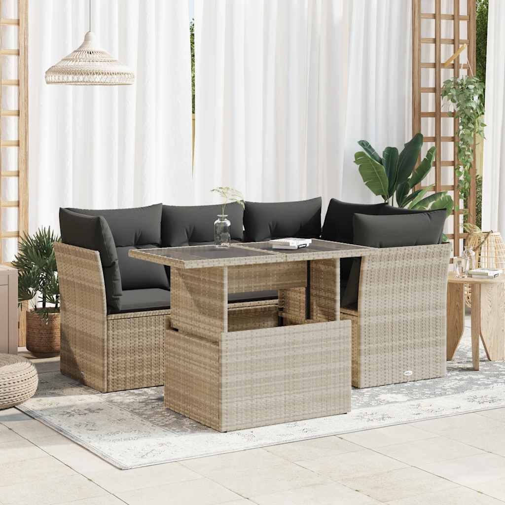 Set Divano da Giardino 5pz con Cuscini Grigio Chiaro Polyrattan | homemem39