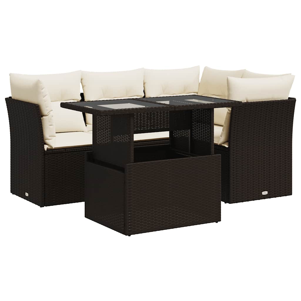 Set Divano da Giardino 5 pz con Cuscini Marrone in Polyrattan - homemem39