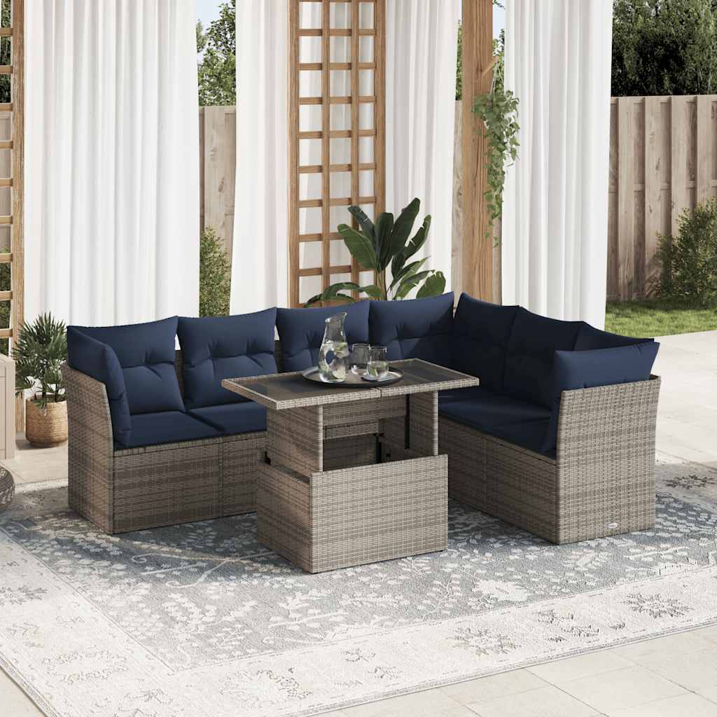 Set Divani da Giardino con Cuscini 7pz Nero Polyrattan Acacia | homemem39