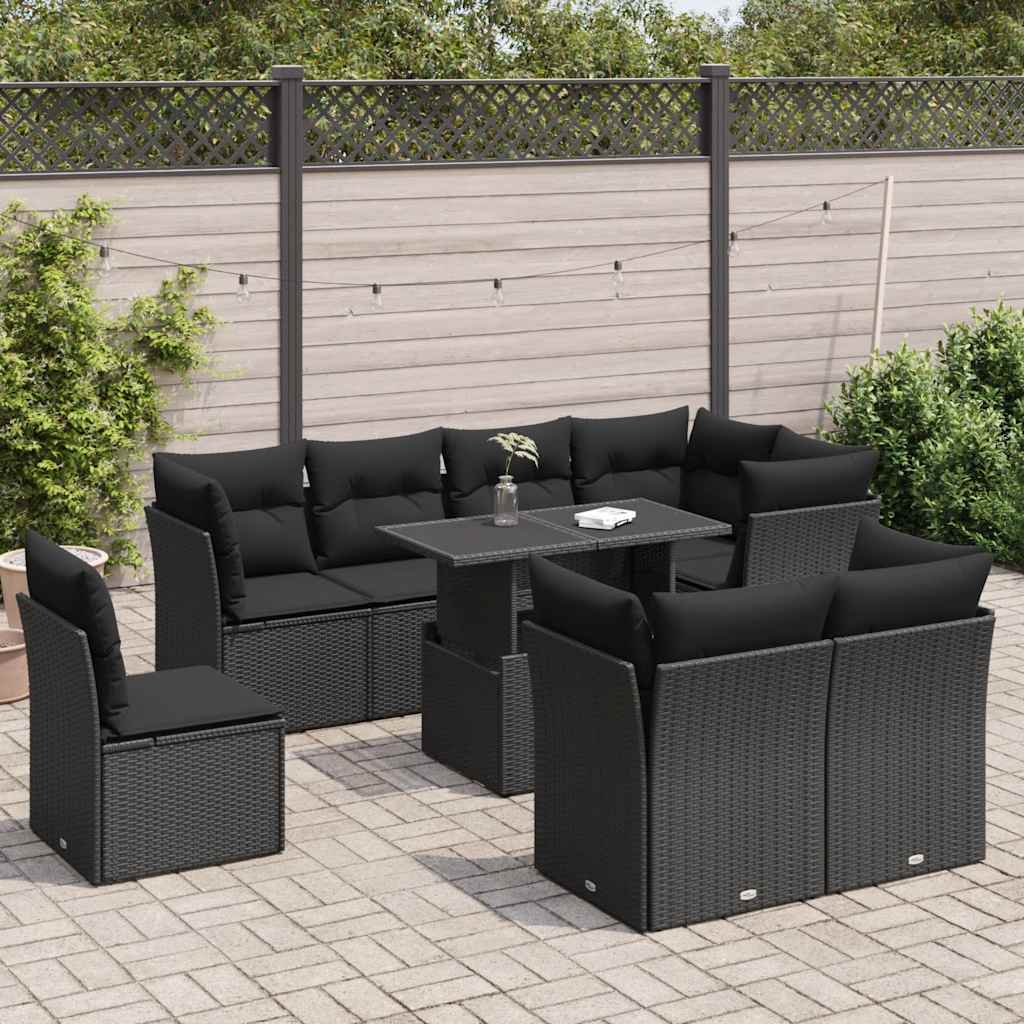 Set Divani da Giardino 9 pz con Cuscini Nero in Polyrattan | homemem39