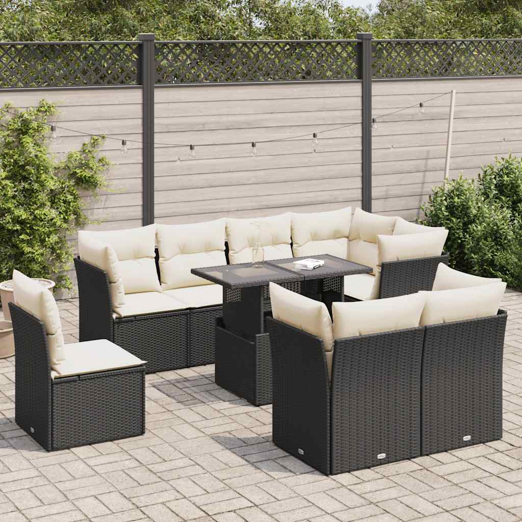 Set Divani da Giardino 9 pz con Cuscini Nero in Polyrattan | homemem39