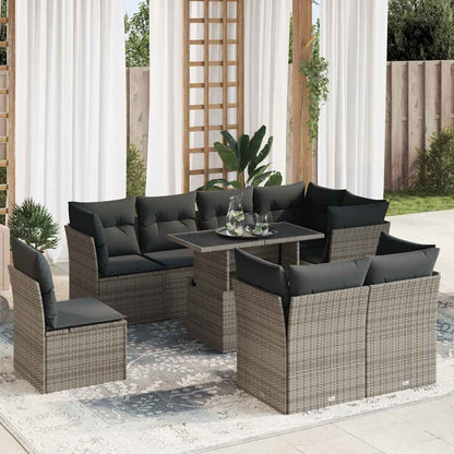 Set Divano da Giardino 9 pz con Cuscini Grigio in Polyrattan