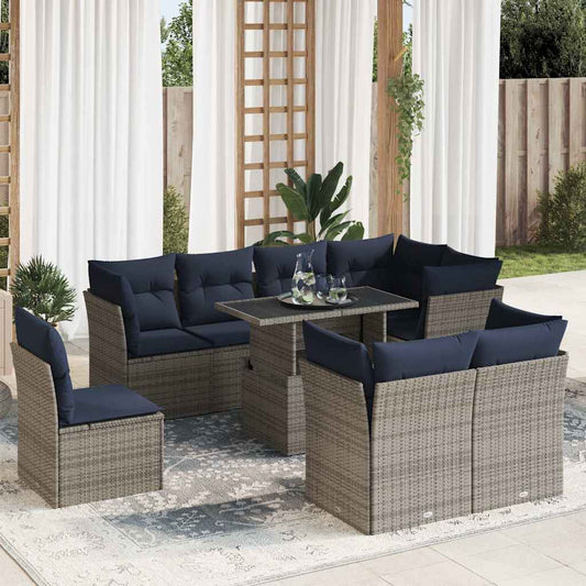 Set Divano da Giardino 9pz con Cuscini Grigio Polyrattan Acacia - homemem39