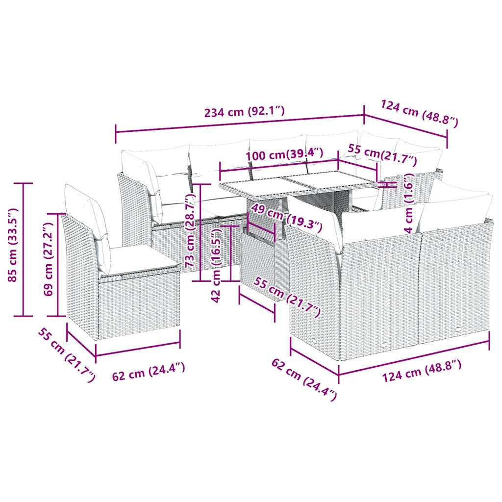 Set Divano da Giardino 9pz con Cuscini Grigio Chiaro Polyrattan - homemem39