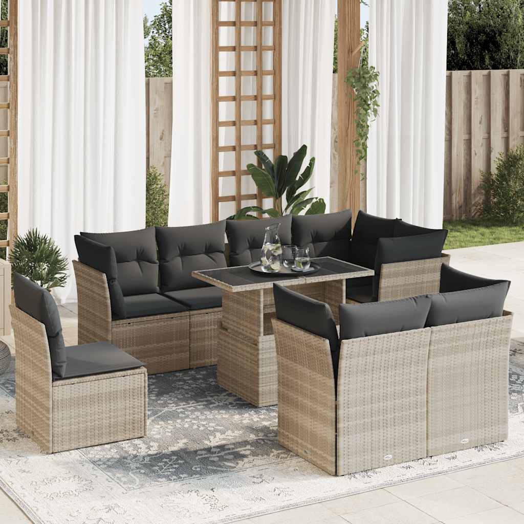 Set Divano da Giardino 9pz con Cuscini Grigio Chiaro Polyrattan - homemem39