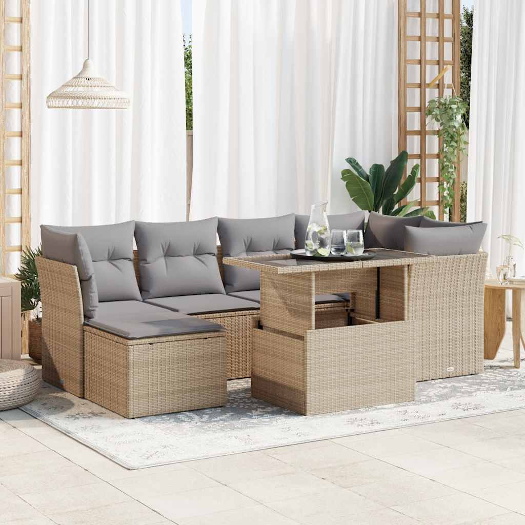 Set Divani da Giardino 7 pz con Cuscini Beige in Polyrattan | homemem39