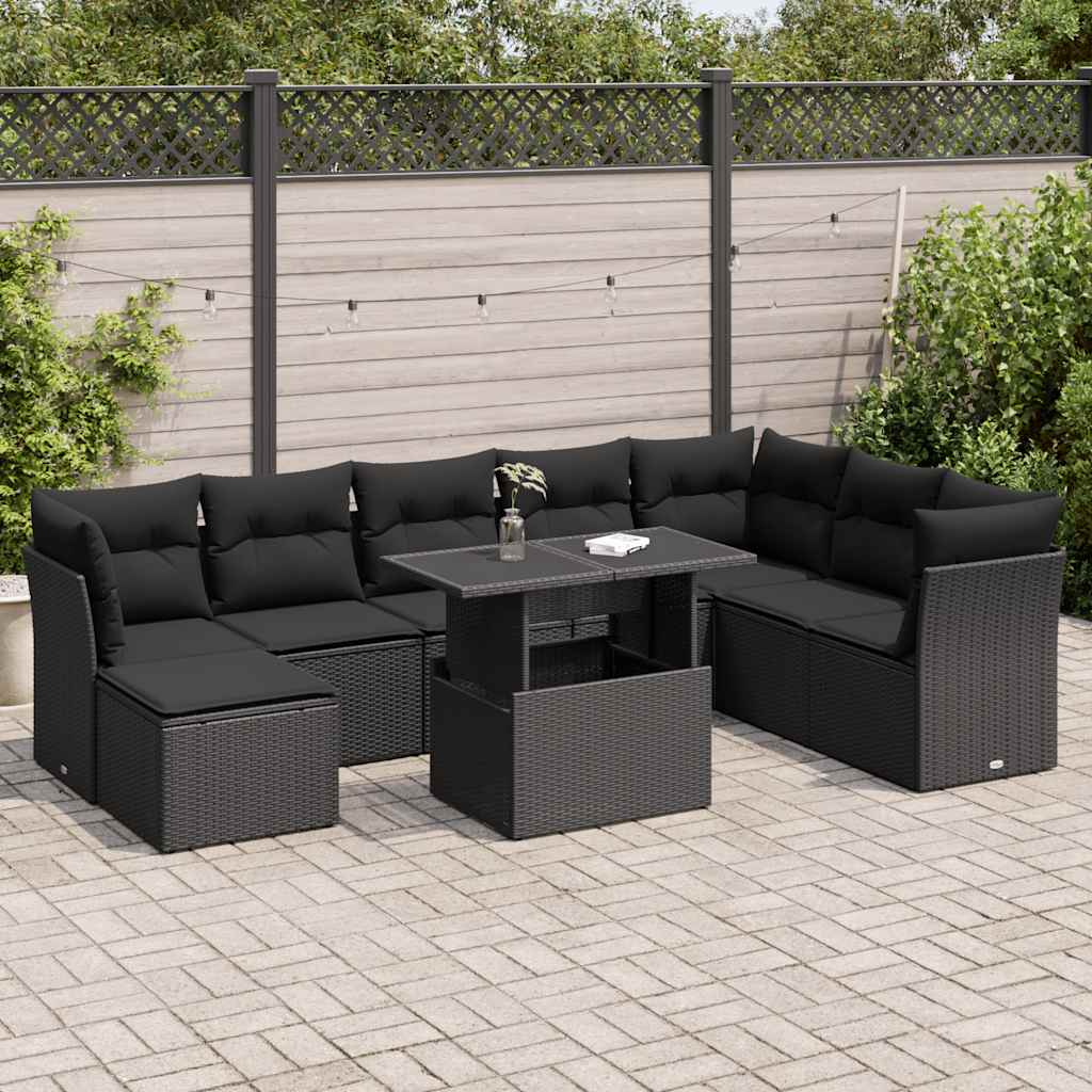 Set Divani da Giardino 9 pz con Cuscini Nero in Polyrattan | homemem39