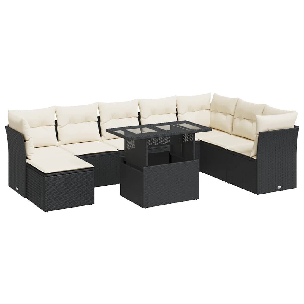 Set Divani da Giardino 9 pz con Cuscini Nero in Polyrattan - homemem39