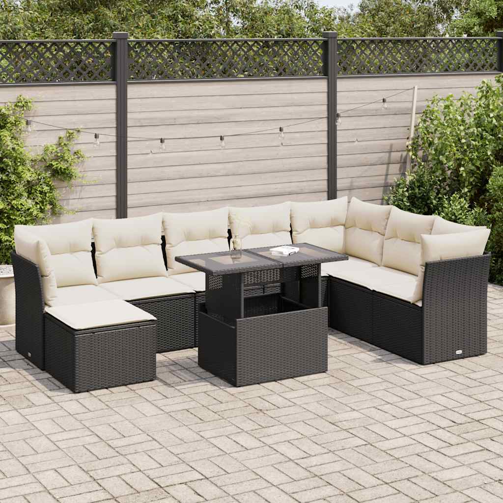 Set Divani da Giardino 9 pz con Cuscini Nero in Polyrattan - homemem39