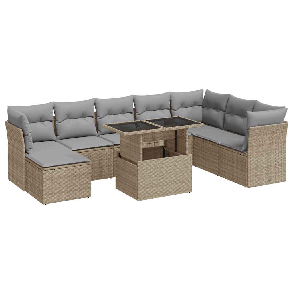 Set Divano da Giardino 9 pz con Cuscini Beige in Polyrattan