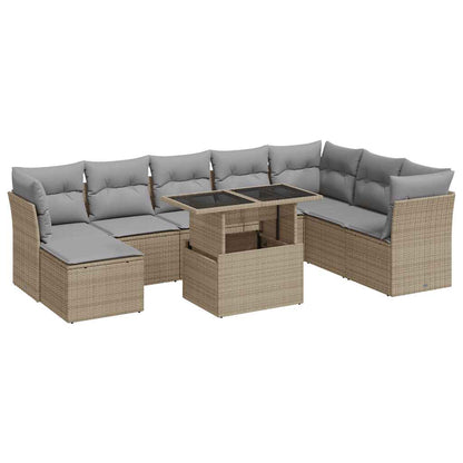 Set Divano da Giardino 9 pz con Cuscini Beige in Polyrattan