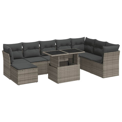 Set Divano da Giardino 9 pz con Cuscini Grigio in Polyrattan