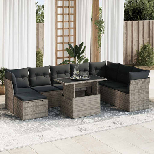 Set Divano da Giardino 9 pz con Cuscini Grigio in Polyrattan