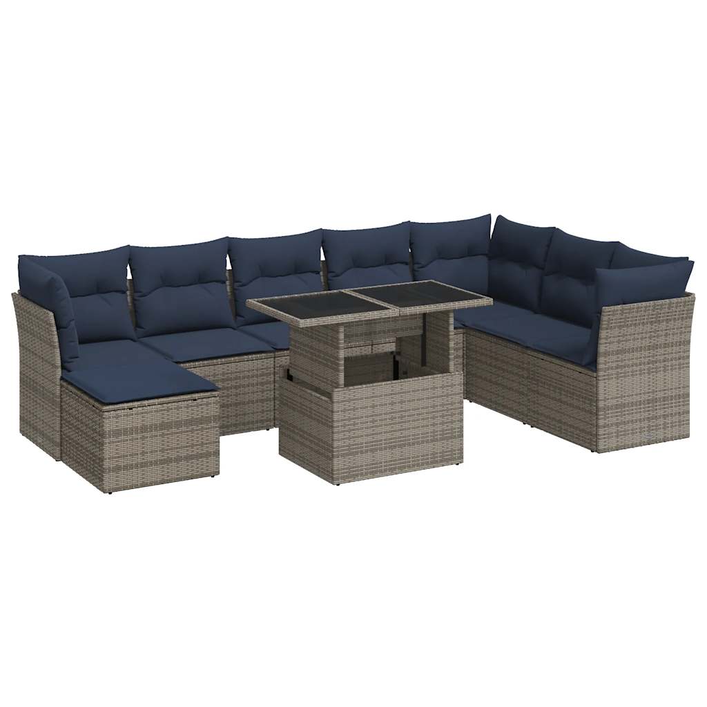 Set Divano da Giardino 9pz con Cuscini Grigio Polyrattan Acacia