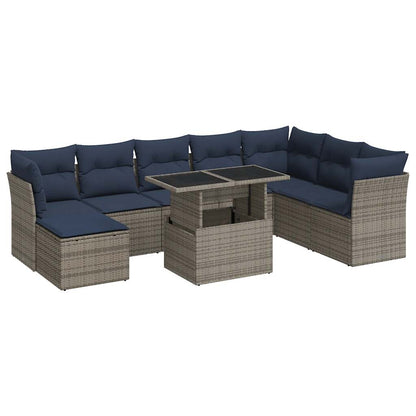 Set Divano da Giardino 9pz con Cuscini Grigio Polyrattan Acacia