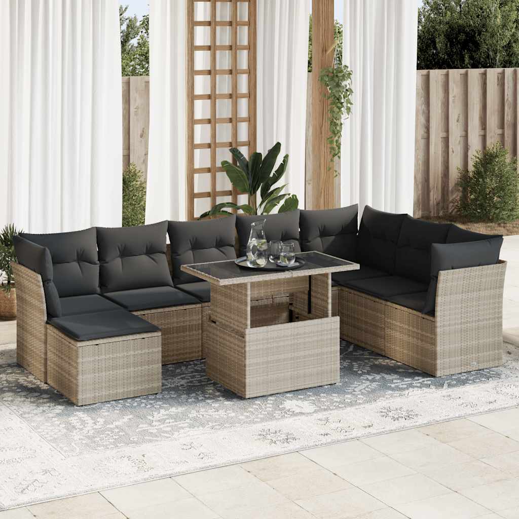Set Divano da Giardino 9pz con Cuscini Grigio Chiaro Polyrattan - homemem39