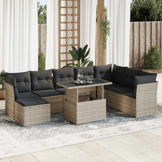 Set Divano da Giardino 9pz con Cuscini Grigio Chiaro Polyrattan - homemem39