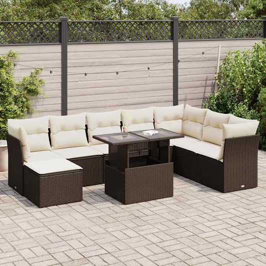 Set Divani da Giardino 9pz con Cuscini Marrone in Polyrattan - homemem39