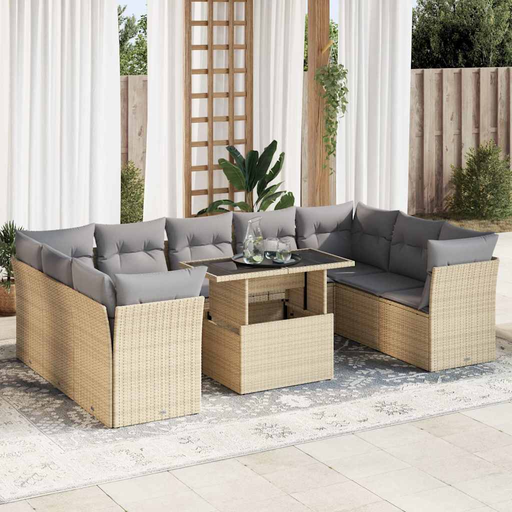 Set Divano da Giardino 10 pz con Cuscini Beige in Polyrattan | homemem39