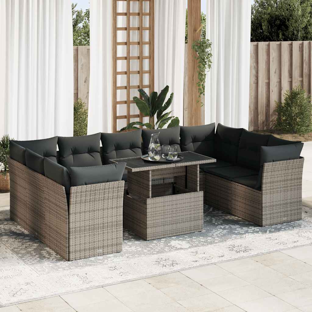 Set Divano da Giardino 10 pz con Cuscini Grigio in Polyrattan - homemem39