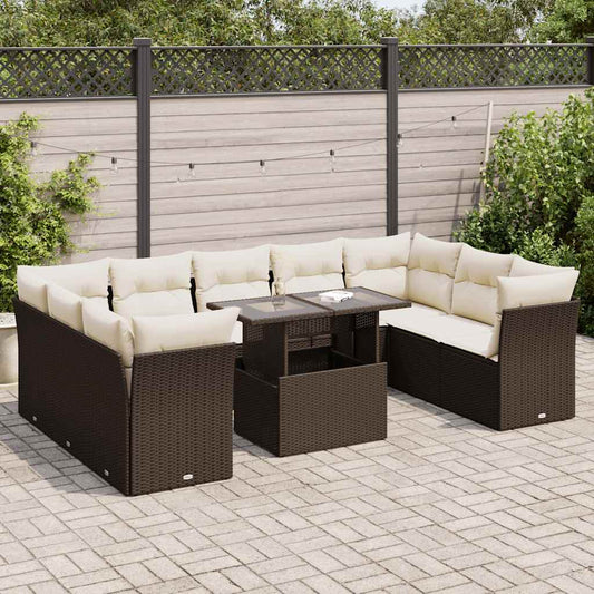 Set Divani da Giardino 10pz con Cuscini in Polyrattan Marrone - homemem39