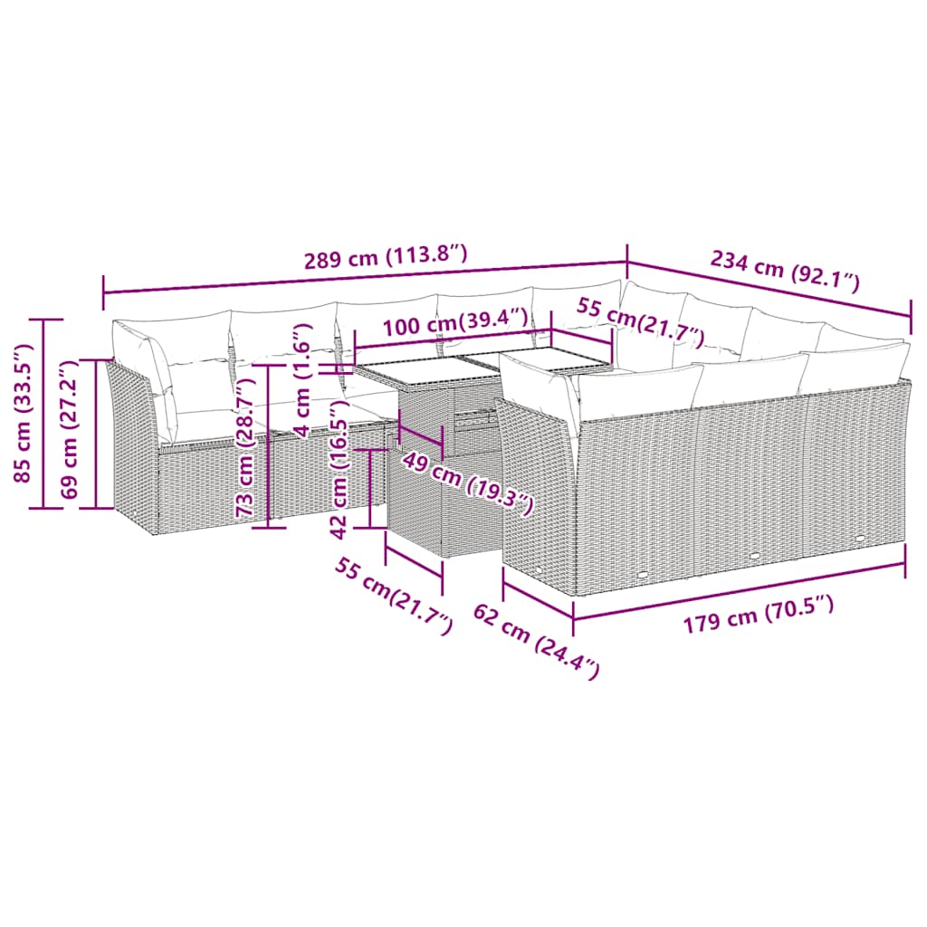 Set Divani da Giardino 11 pz con Cuscini in Polyrattan Grigio - homemem39
