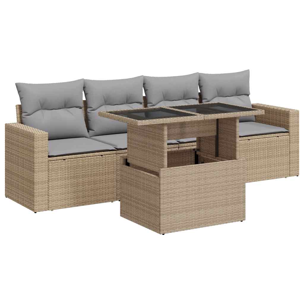 Set Divano da Giardino 5 pz con Cuscini Beige in Polyrattan - homemem39
