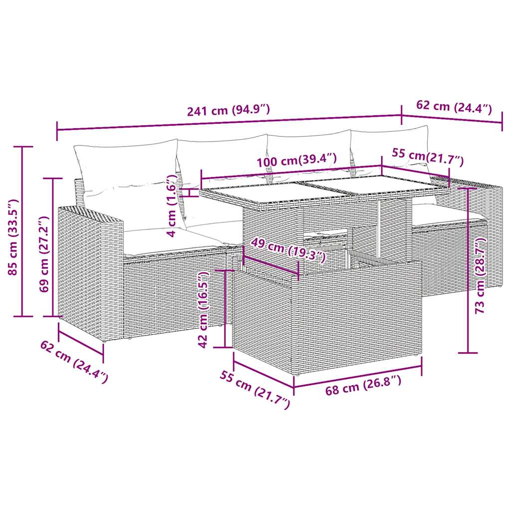 Set Divano da Giardino 5 pz con Cuscini Beige in Polyrattan | homemem39