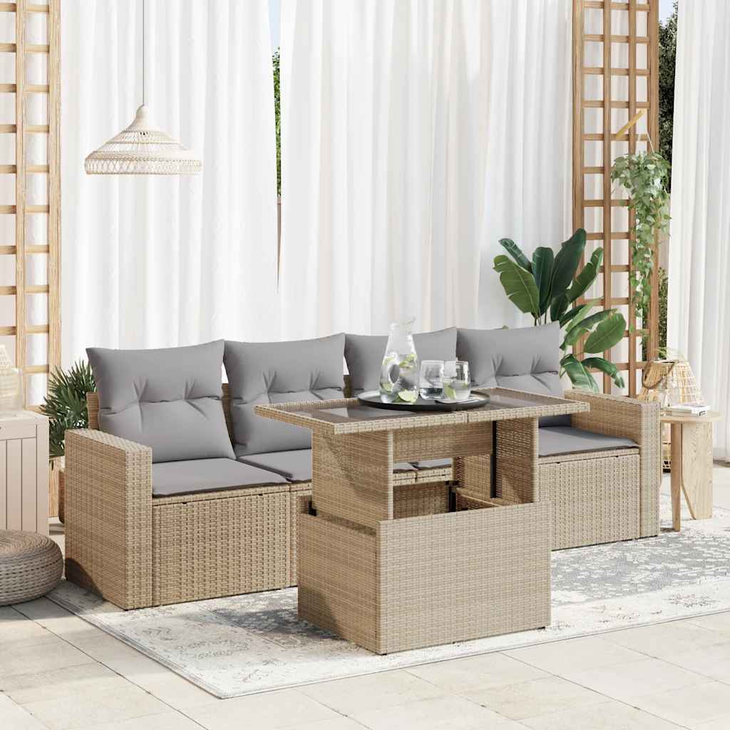 Set Divano da Giardino 5 pz con Cuscini Beige in Polyrattan - homemem39