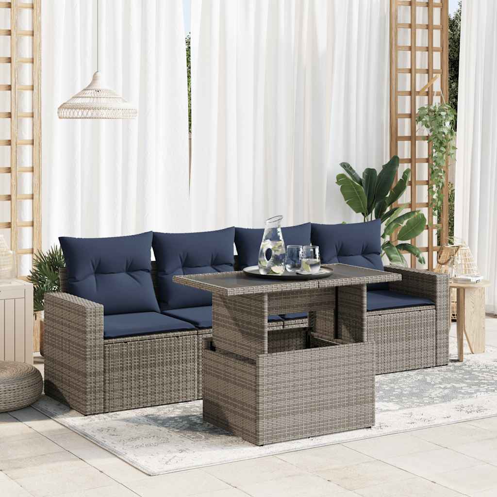 Set Divano Giardino 5 pz con Cuscini Grigio Polyrattan Acacia | homemem39