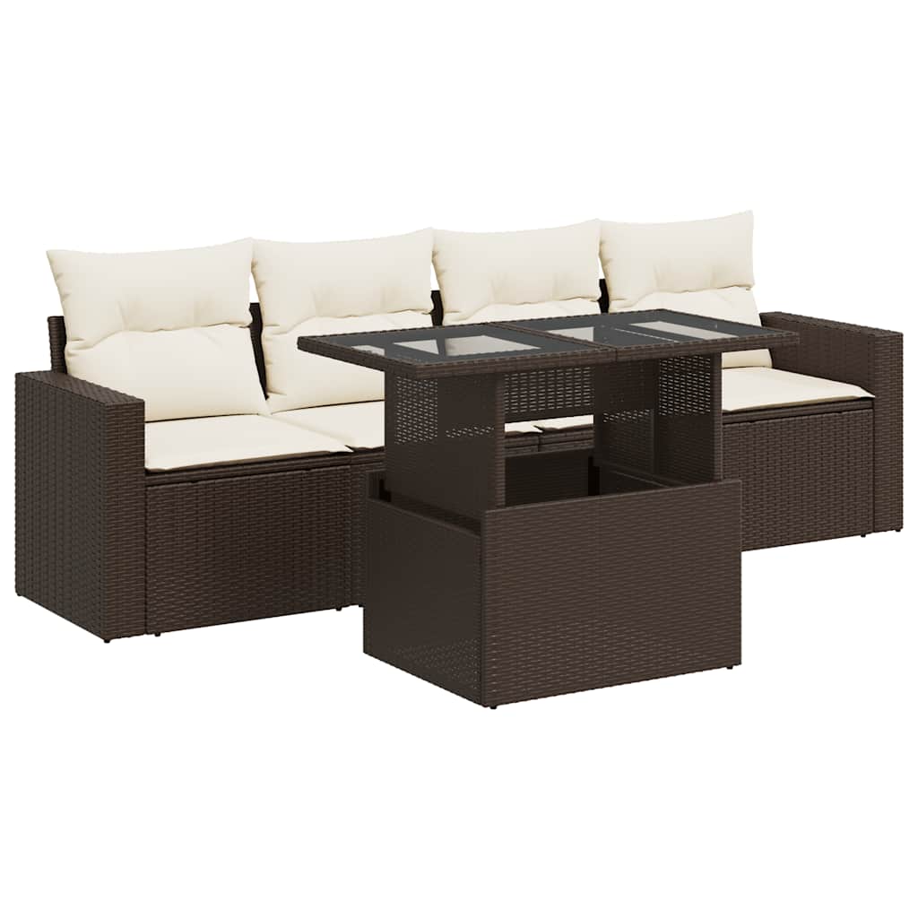 Set Divano da Giardino 5 pz con Cuscini Marrone in Polyrattan - homemem39