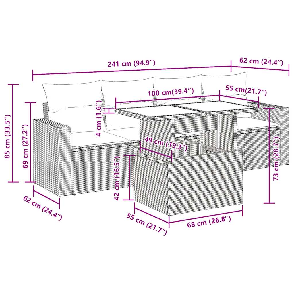 Set Divano da Giardino 5 pz con Cuscini Marrone in Polyrattan | homemem39