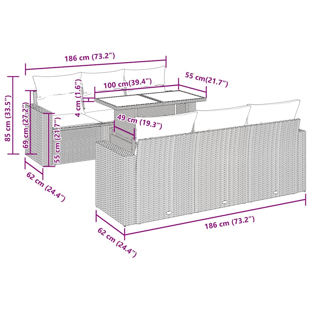 Set Divani da Giardino 7 pz con Cuscini Grigio in Polyrattan | homemem39