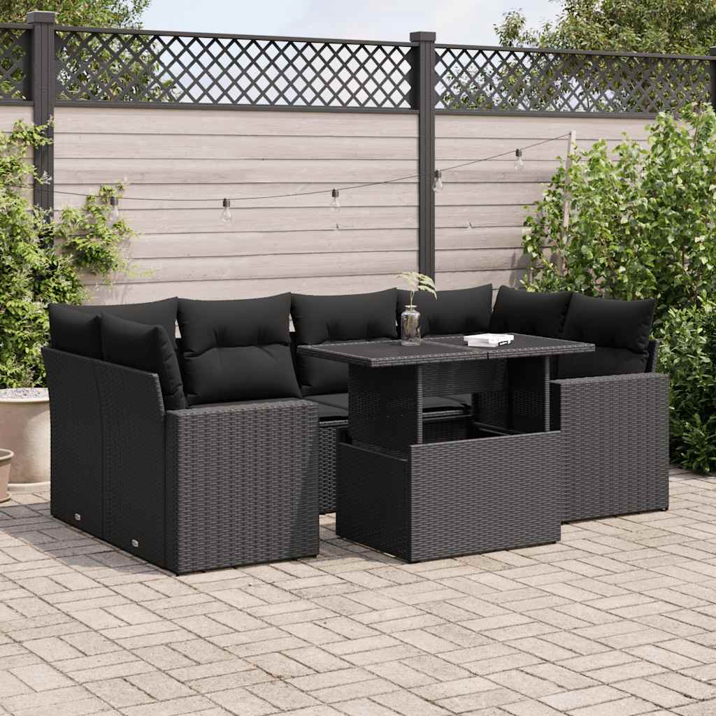 Set Divani da Giardino con Cuscini 7pz Nero Polyrattan | homemem39
