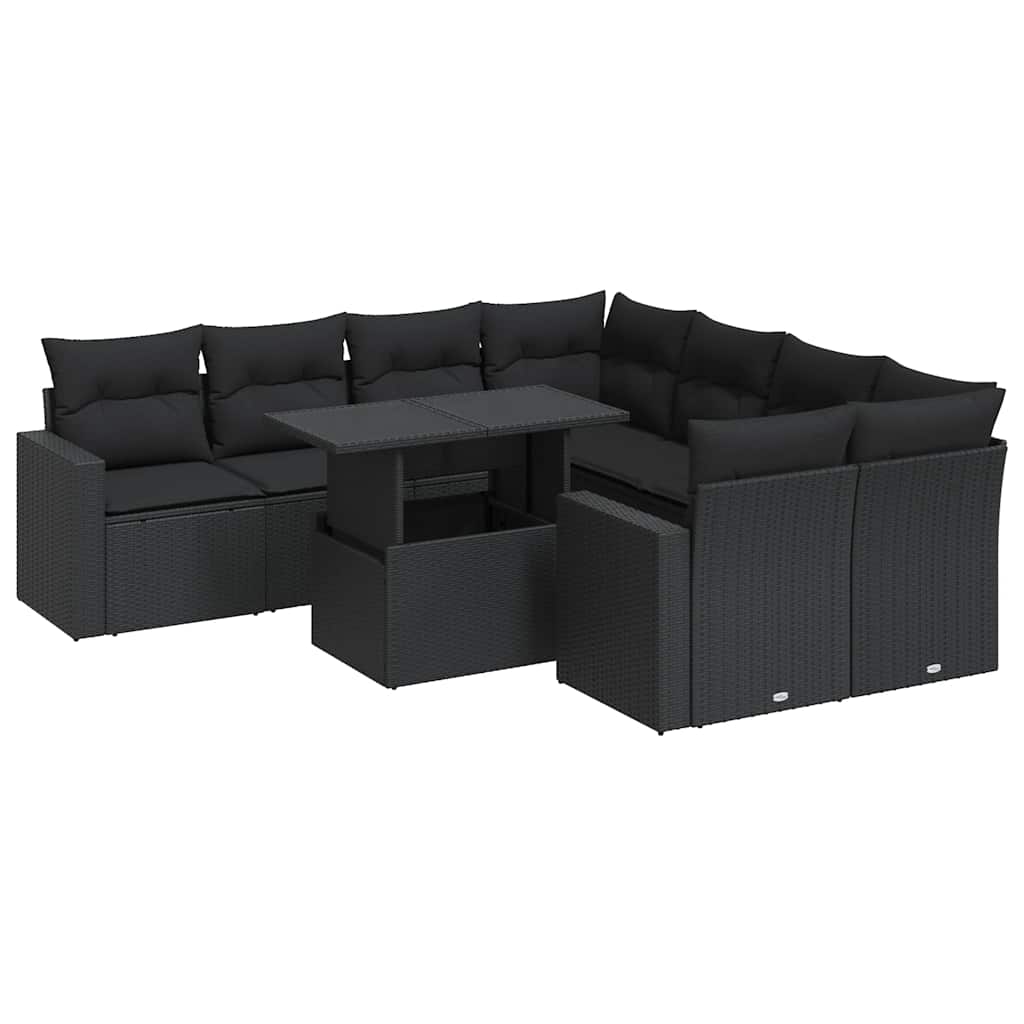 Set Divani da Giardino 9 pz con Cuscini Nero in Polyrattan - homemem39