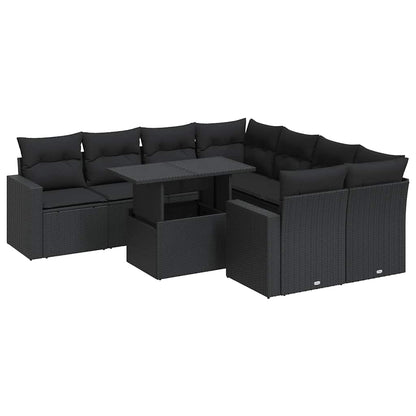 Set Divani da Giardino 9 pz con Cuscini Nero in Polyrattan - homemem39