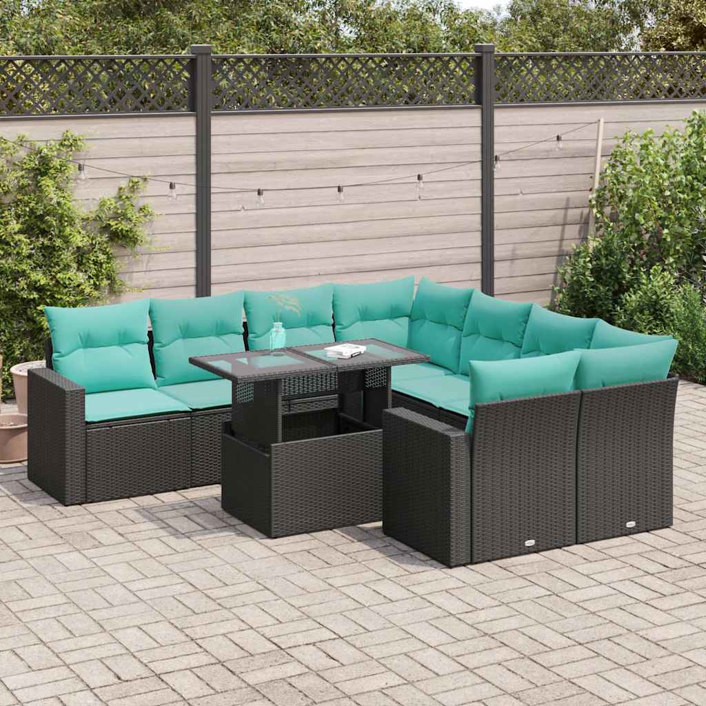 Set Divani da Giardino 9 pz con Cuscini Nero Polyrattan Acacia | homemem39
