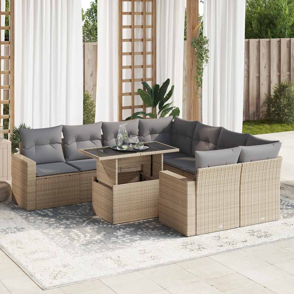 Set Divano da Giardino 9 pz con Cuscini Beige in Polyrattan | homemem39